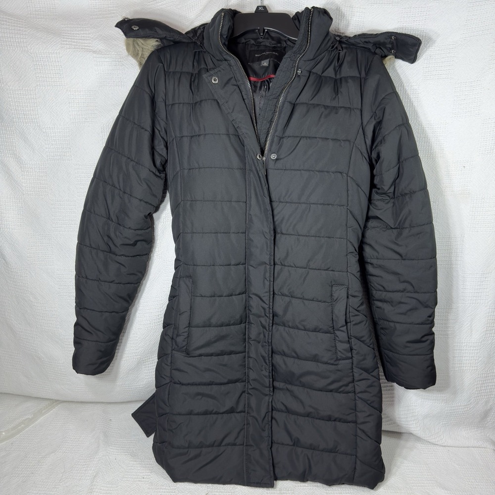 Banana Republic Women's Black Long Puffer Jacket Coat Fur Hood Size Small